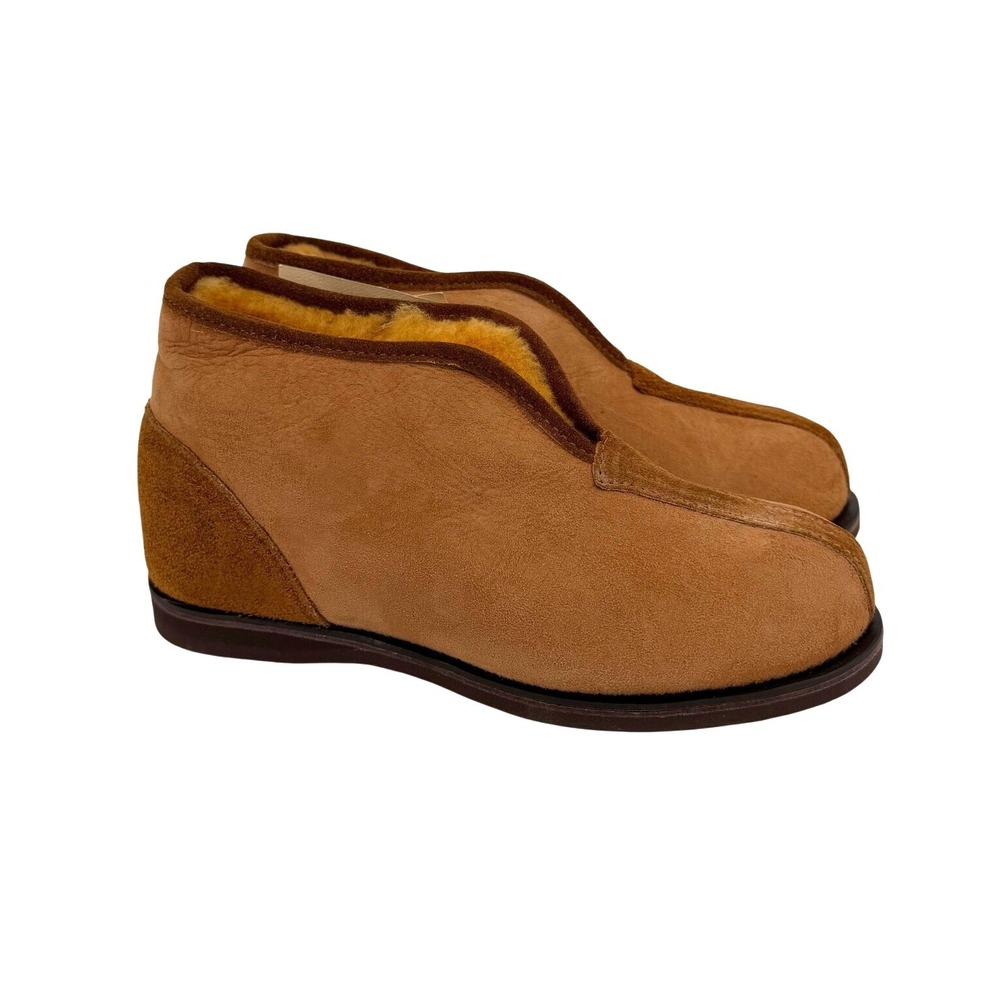 NEW Vtg LL Bean Bark Tanned Shearling Slippers Women 5 M Tan Suede Booties USA‎